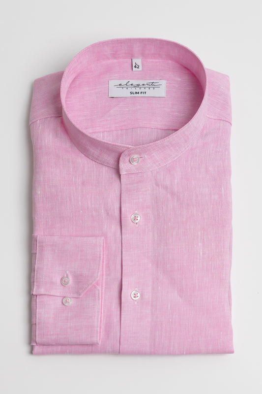 Pink linen shirt with Mandarin collar