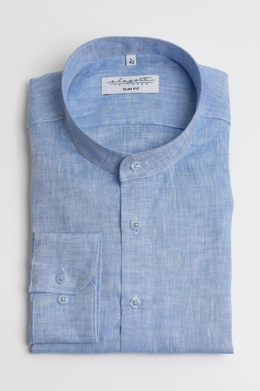 Blue linen shirt with Mandarin collar